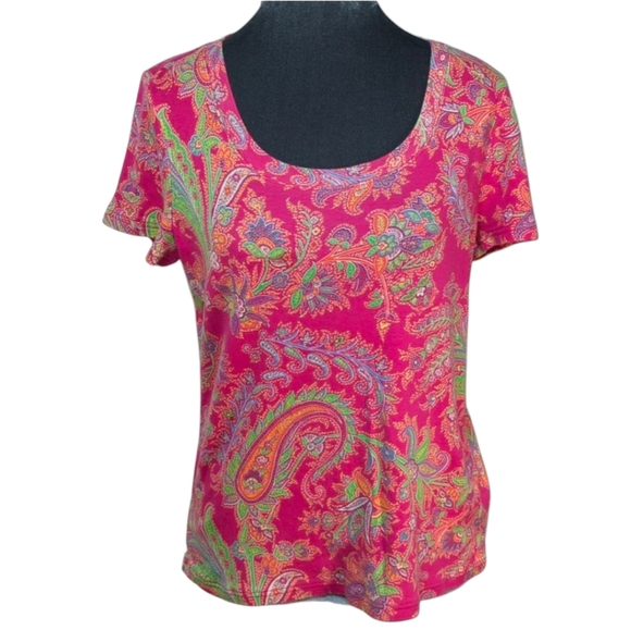 Lauren Ralph Lauren Pink Paisley Print Short Sleeve Scoop Neck Shi… - Picture 1 of 9